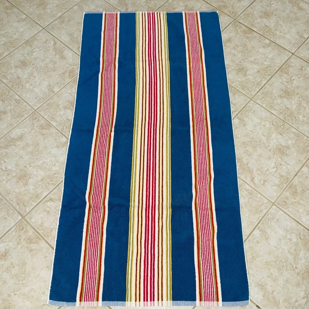 Pottery Barn Beach Towel Set of 3 28x55 Blue Red Yellow Striped 100% Cotton